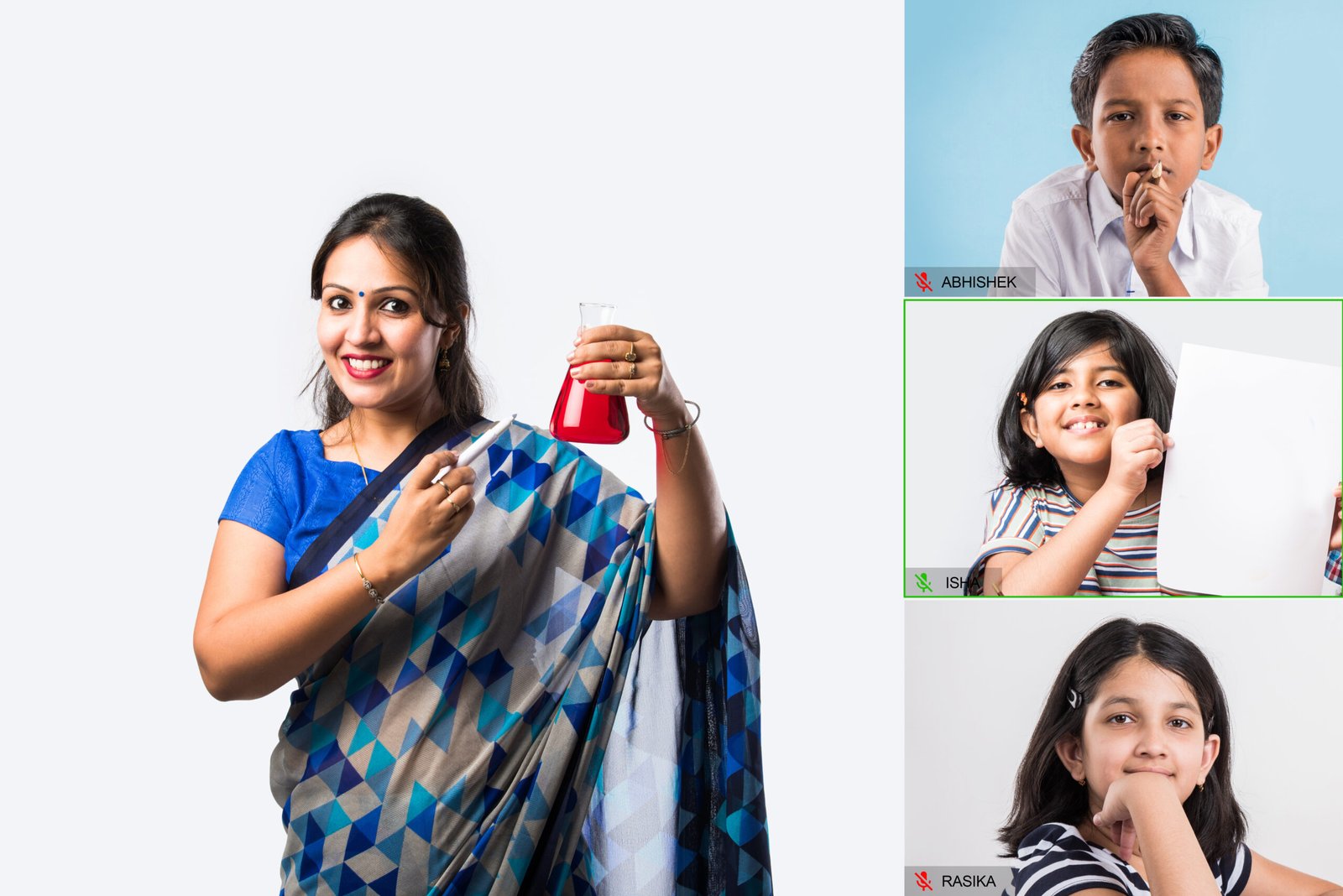 Portrait of Indian lady teacher in saree stands against green, white or blackboard , conducting online class using Camera, internet and lights